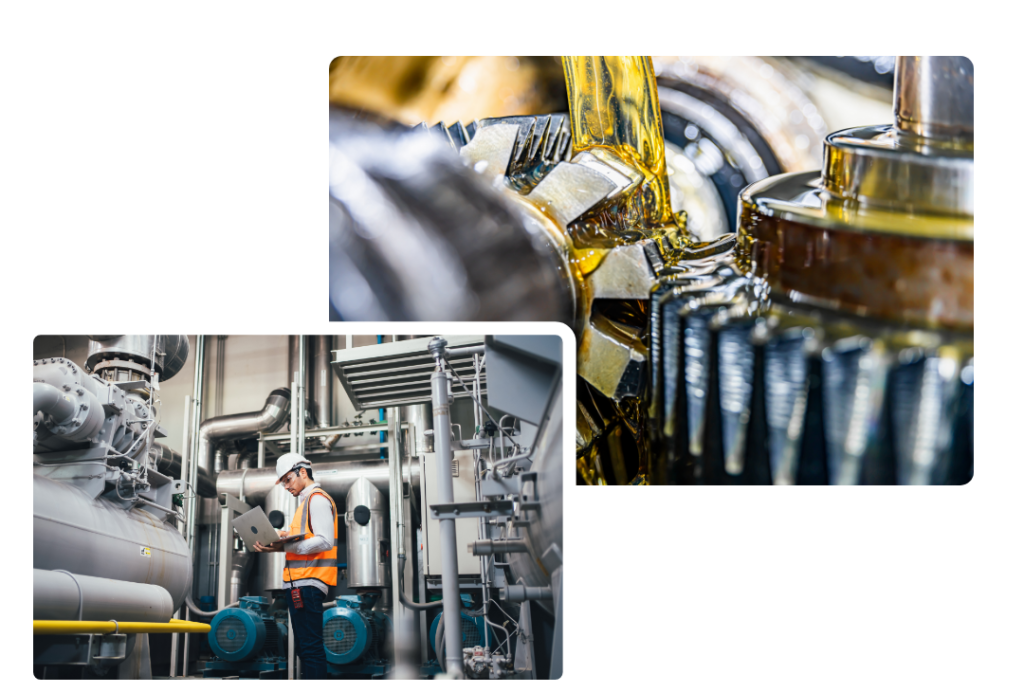 Pêle-mêle d'images représentants l'analyse des fluides industriels. Les fluides sont le sang circulant dans les organes des machines.